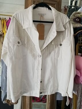 White Fringe-Trim Denim Jacket